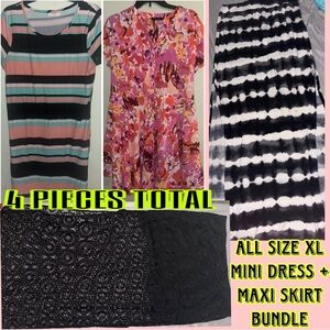 Size XL Maxi Skirt & Mini Dress Bundle: Black Lace + Tie-Dye x Floral + Stripes